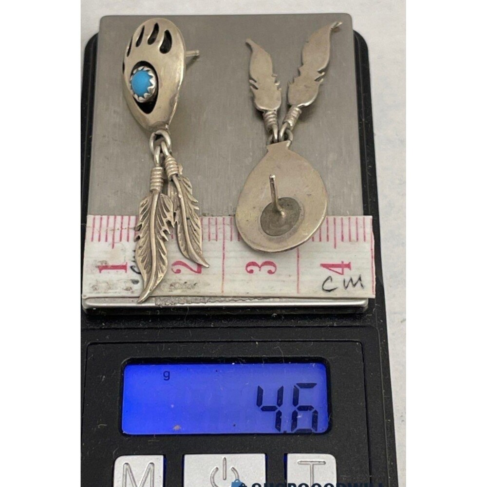 Vintage Sterling Silver Bear Paw Genuine Turquoise Feather Dangle Earrings - Picture 3 of 4